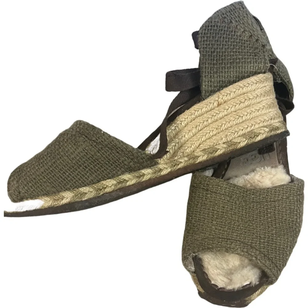 UGG AUSTRALIA 1652 Mar Espadrille Ankle Tie Wedge Woven Green Sandals Sz 7